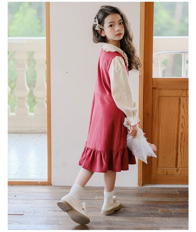 Girls Dress 2023 Winter Korean Style Children's Clothing Girls Fake Two-Piece Lapel Forest Fishtail Skirt Corduroy Princess Dress