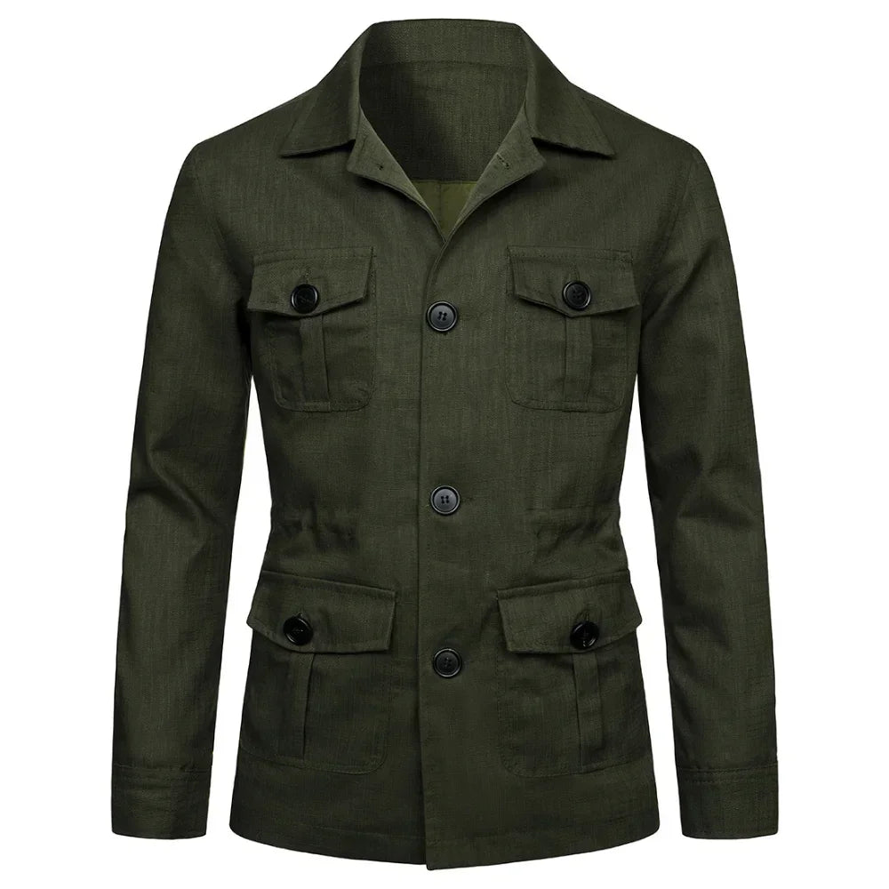Mens Coats Safari Jacket Linen British Retro Gentry Suit Pockets Outerwear Fashion Solid Color Male Tops