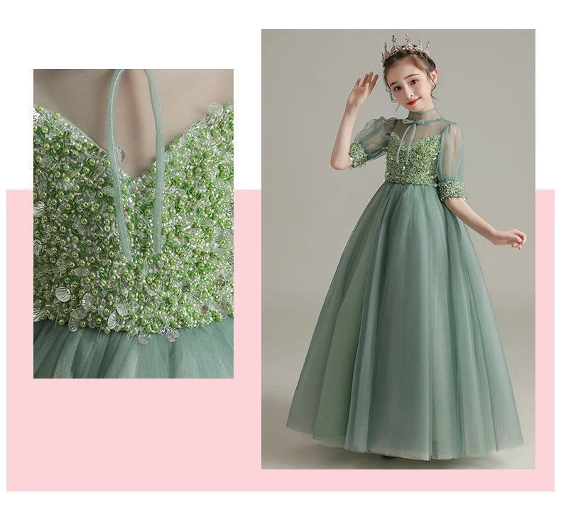 Children Clothing Green Dress for Girls 3 To 14 Year Elegant Formal Evening Dresses Long Luxury Cute Kid Wedding Party Ball Gown