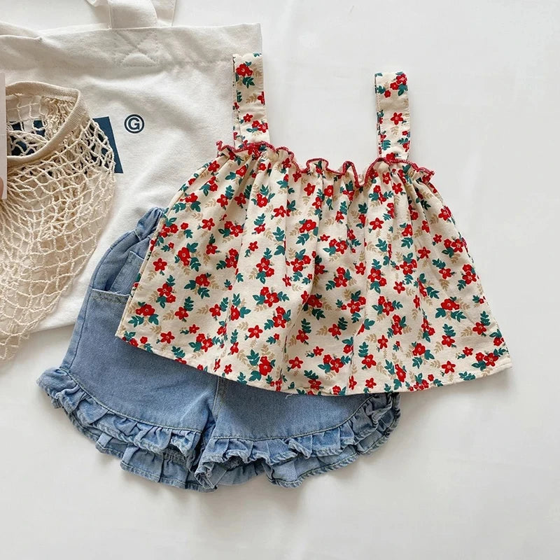 Girls Outfit Sets Summer Kids Casual Clothing For Girls Fragmented Suspender Skirt+Shorts Children's Baby Girl Clothing