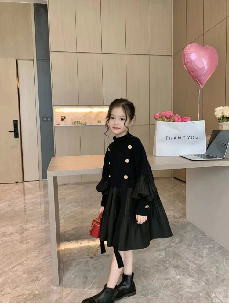 2025 Spring and Autumn New Girls' Dress Children's Clothing Black Design Sense Spliced Knitted Pleated Skirt