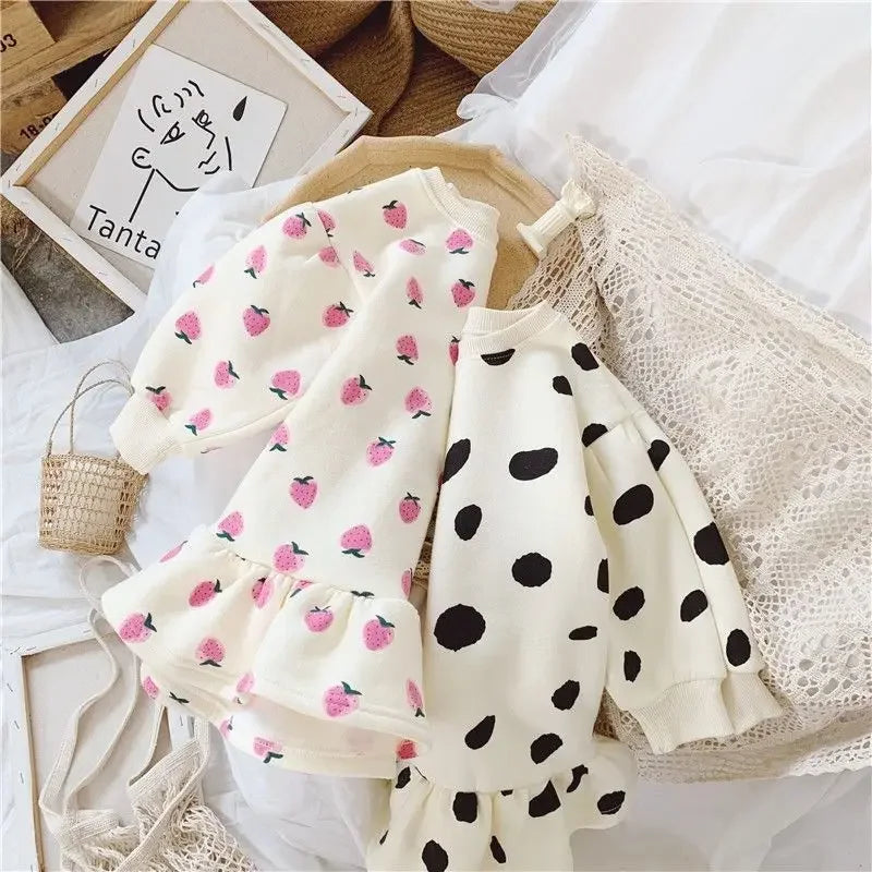 Girls Dress Autumn Spring New Girls' Splicing Pleated Dress Polka Dot Printed Baby Kids Casual Clothing