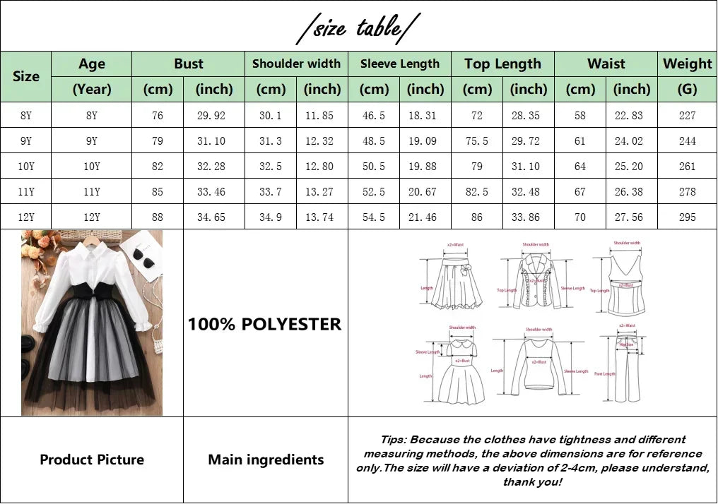 8-12Yrs Girls Clothing Elegant Party Dresses Kids Dress for Girl Long Sleeve Pure White Children Casual Dresses