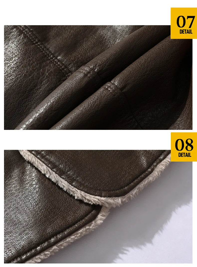 Men's Long Leather Coat PU Jacket for Men Winter Warm Fleece Lined Business Overcoat Trench Mens Outerwear Motorcycle Jacket