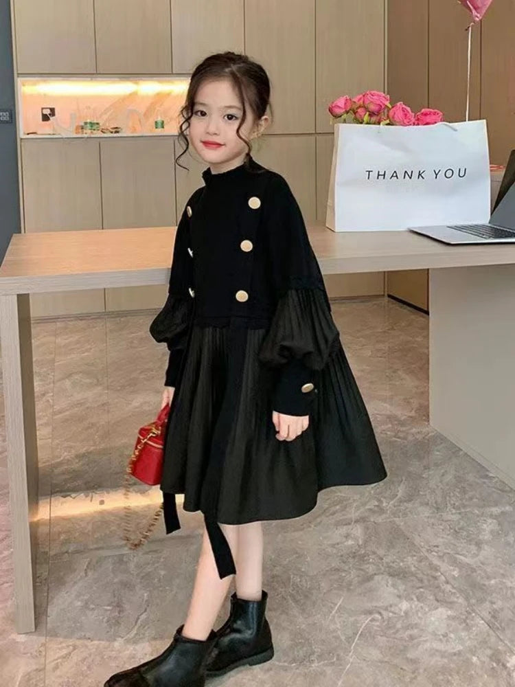 2025 Spring and Autumn New Girls' Dress Children's Clothing Black Design Sense Spliced Knitted Pleated Skirt