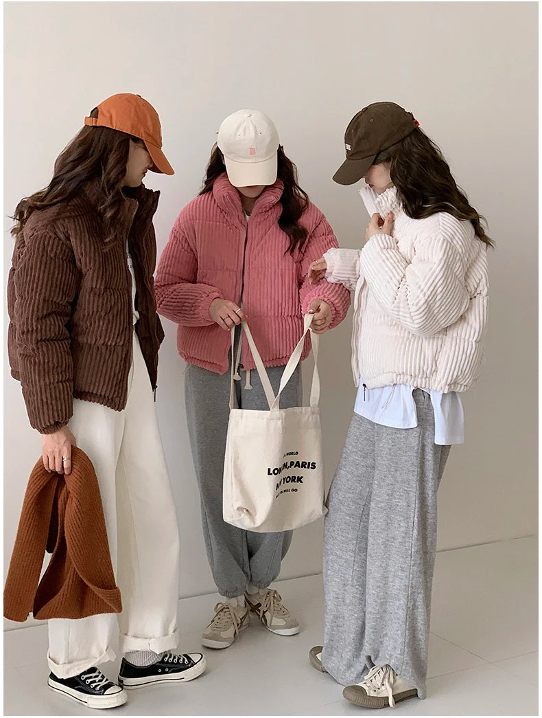 Women Short Parkas Jackets 2025 Autumn Winter Corduroy Long Zipper Thick Warm Outwear Coats Female Winter Jackets parkas Coats