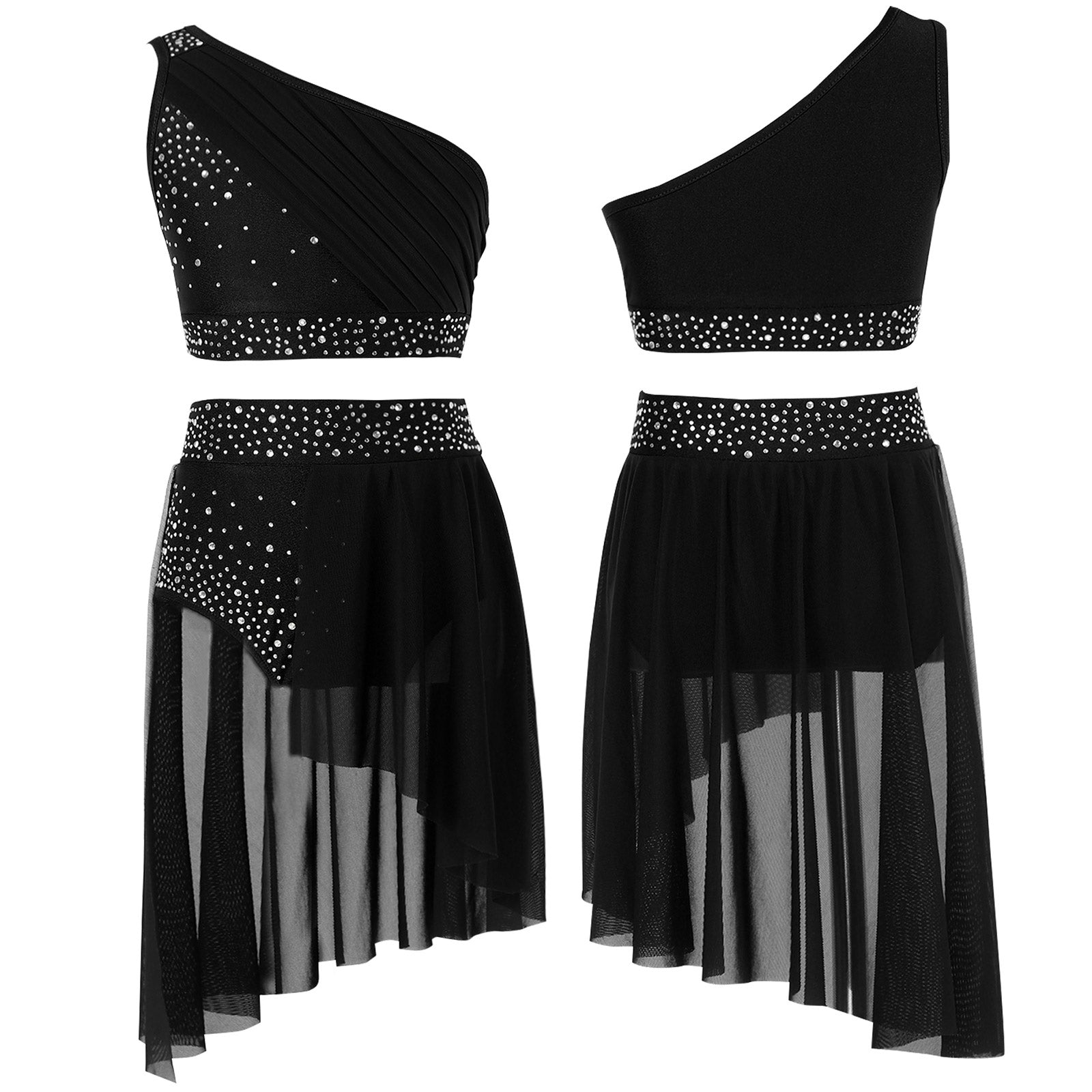 Girls Lyrical Dance Outfit Shiny One Shoulder Crop Top with Skirt for Jazz Skating Ballet Gymnastics Acrobatics Performance