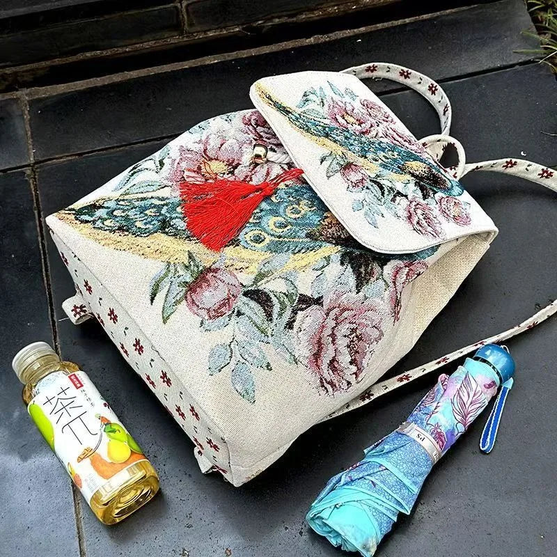 Backpacks Bags for Women Embroidery Ethnic Style Streetwear Fashion Casual Vintage Elegant Harajuku Travel Canvas Bag Sports