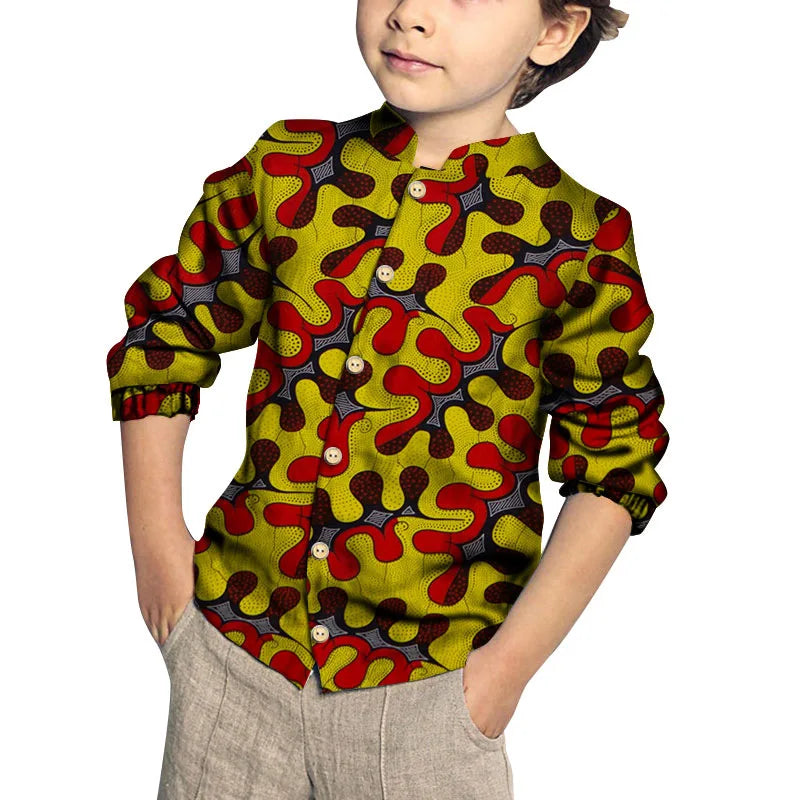 Kids Clothing Kids Boys African Fashion New Boy's Tops Bazin Riche African Wax Print Patchwork Cotton Shirt for Boys