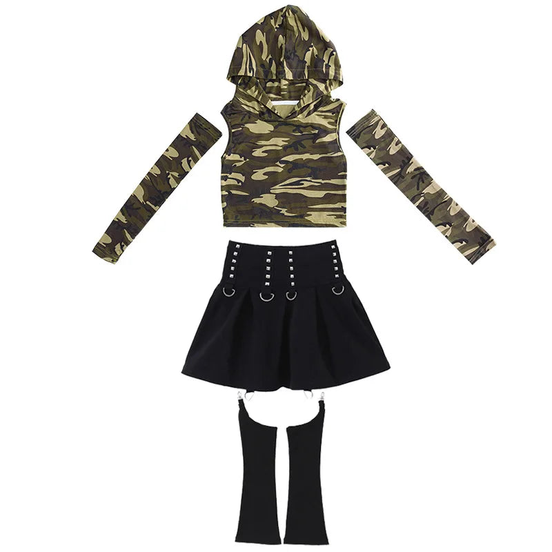 Girls Jazz Dance Costumes, Hip-hop Stage Costumes, Zumba Practice Clothes, Camouflage Children's Clothing Suits,10-12 Years Old