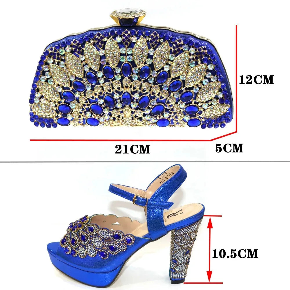 High Heel Shoes for Women Hollowed Out Embroidery Rhinestone Italian Design Rainbow Color Pointed-Toe Shoes and Bags Set