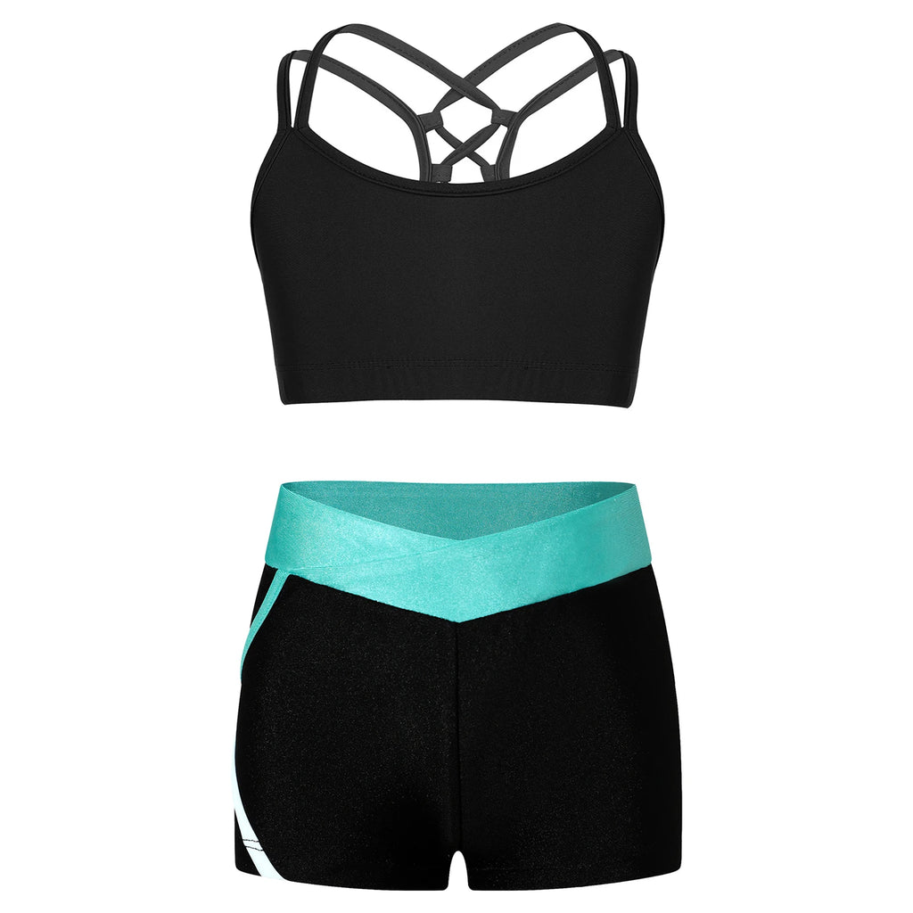 Kids Girls Dance Gymnastics Sports Outfits Sleeveless Crop Top with Shorts Tracksuit Set 2 PCS Yoga Workout Summer Girl Clothing