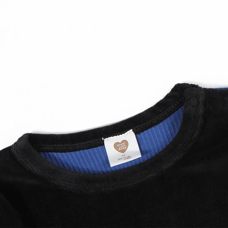 Boys pajama set blue black top and pants kids clothes for boy and girl clothing round neck winter season front velour back rib