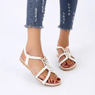 Rhinestone Sandals Women's Summer 2024 New Bohemian Diamond Flat All-match Flat Heel Open Toe Plus Size Women's Holiday Shoes