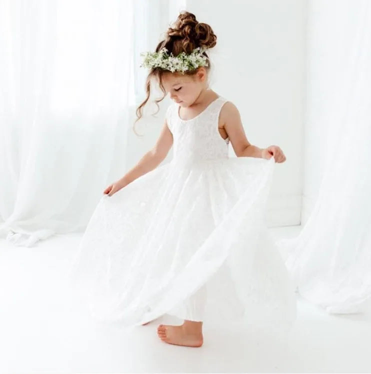 Girls Fashion Open Back Princess Dress 3-12 Years Old New Mesh Lace Long Dress Birthday Wedding Flower Girl Performance Clothing