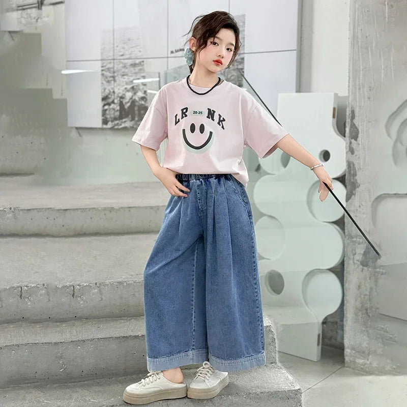 Girls Summer Clothes Sets Children Smiley Face Print Short-Sleeve T-Shirt + Denim Wide-Leg Pants Two-Piece Sets 2025 New