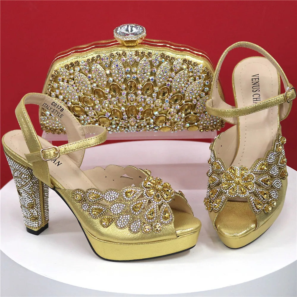 High Heel Shoes for Women Hollowed Out Embroidery Rhinestone Italian Design Rainbow Color Pointed-Toe Shoes and Bags Set