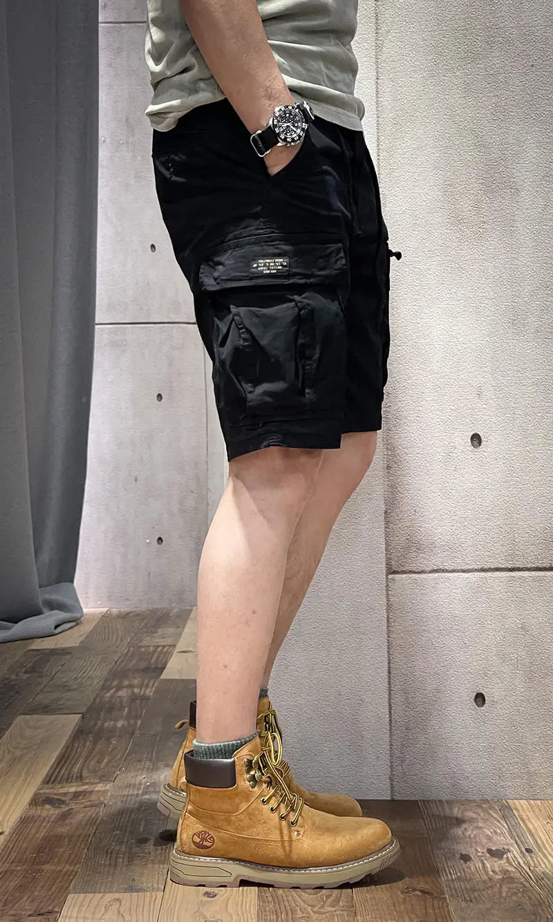 Half Men's Cargo Shorts Solid With Draw String Khaki Male Bermuda Short Pants Summer Korean Style Baggy Elastic Waist Homme Y2k