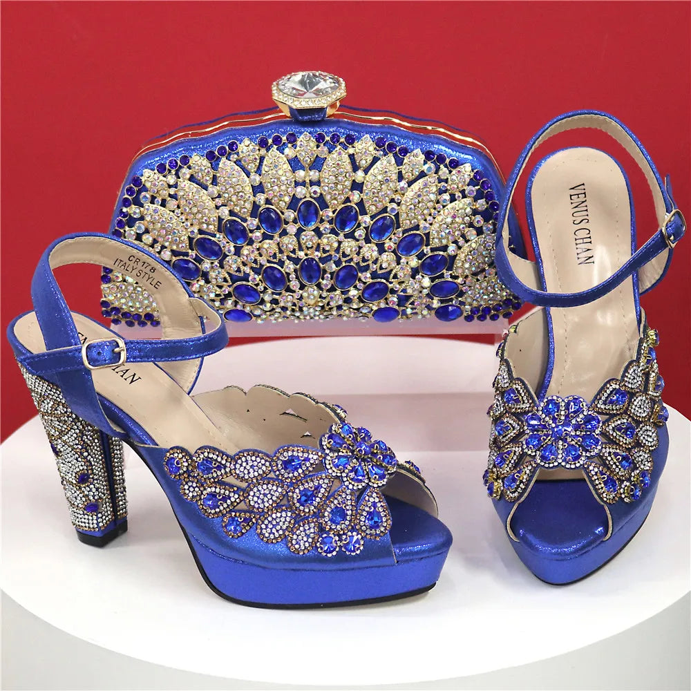 High Heel Shoes for Women Hollowed Out Embroidery Rhinestone Italian Design Rainbow Color Pointed-Toe Shoes and Bags Set