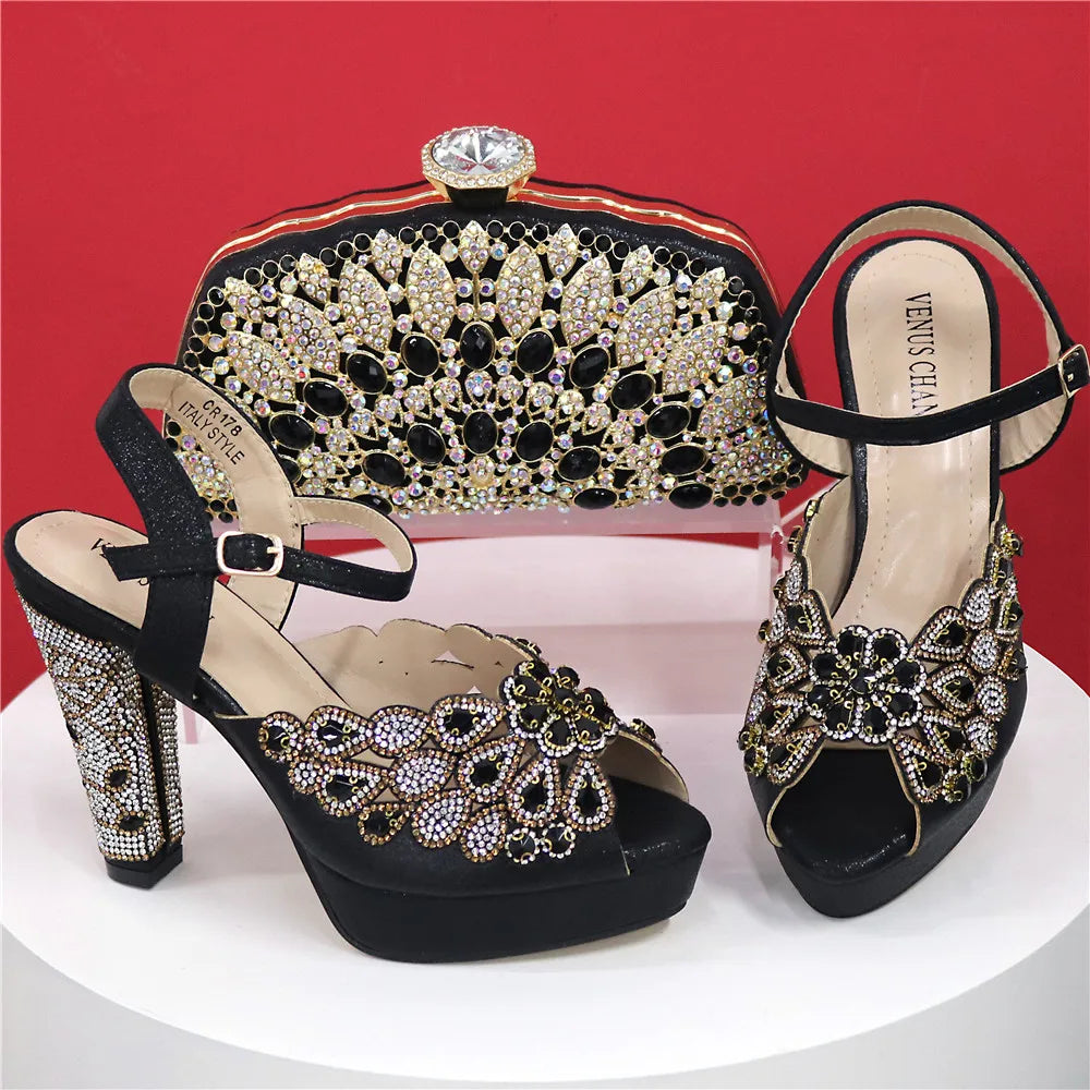 High Heel Shoes for Women Hollowed Out Embroidery Rhinestone Italian Design Rainbow Color Pointed-Toe Shoes and Bags Set