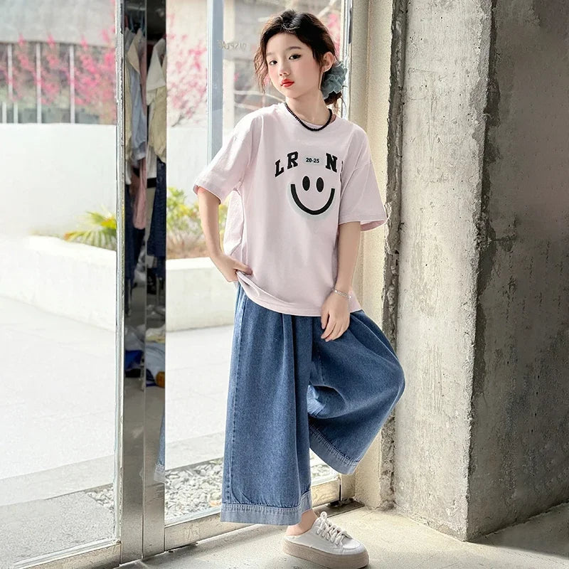 Girls Summer Clothes Sets Children Smiley Face Print Short-Sleeve T-Shirt + Denim Wide-Leg Pants Two-Piece Sets 2025 New