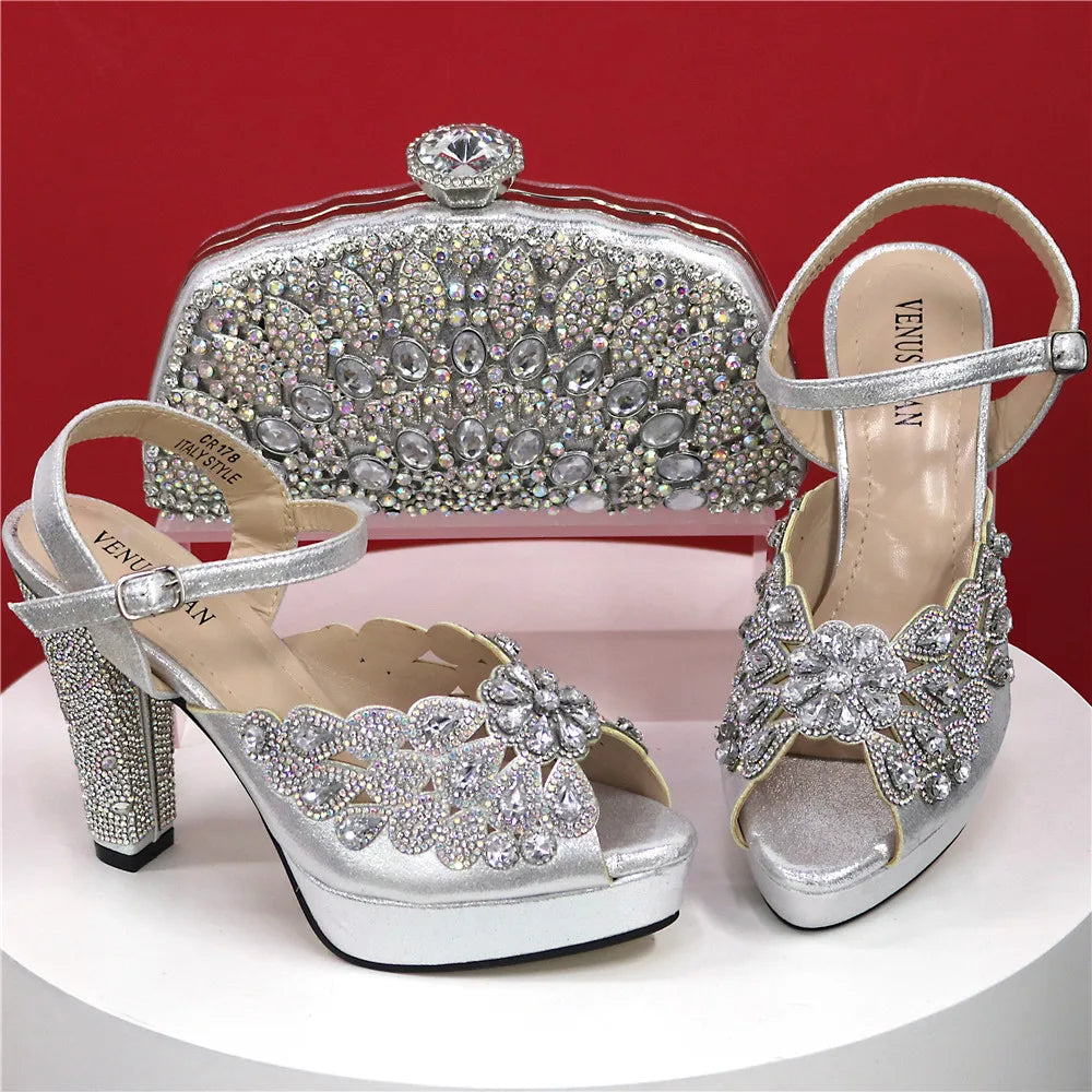 High Heel Shoes for Women Hollowed Out Embroidery Rhinestone Italian Design Rainbow Color Pointed-Toe Shoes and Bags Set