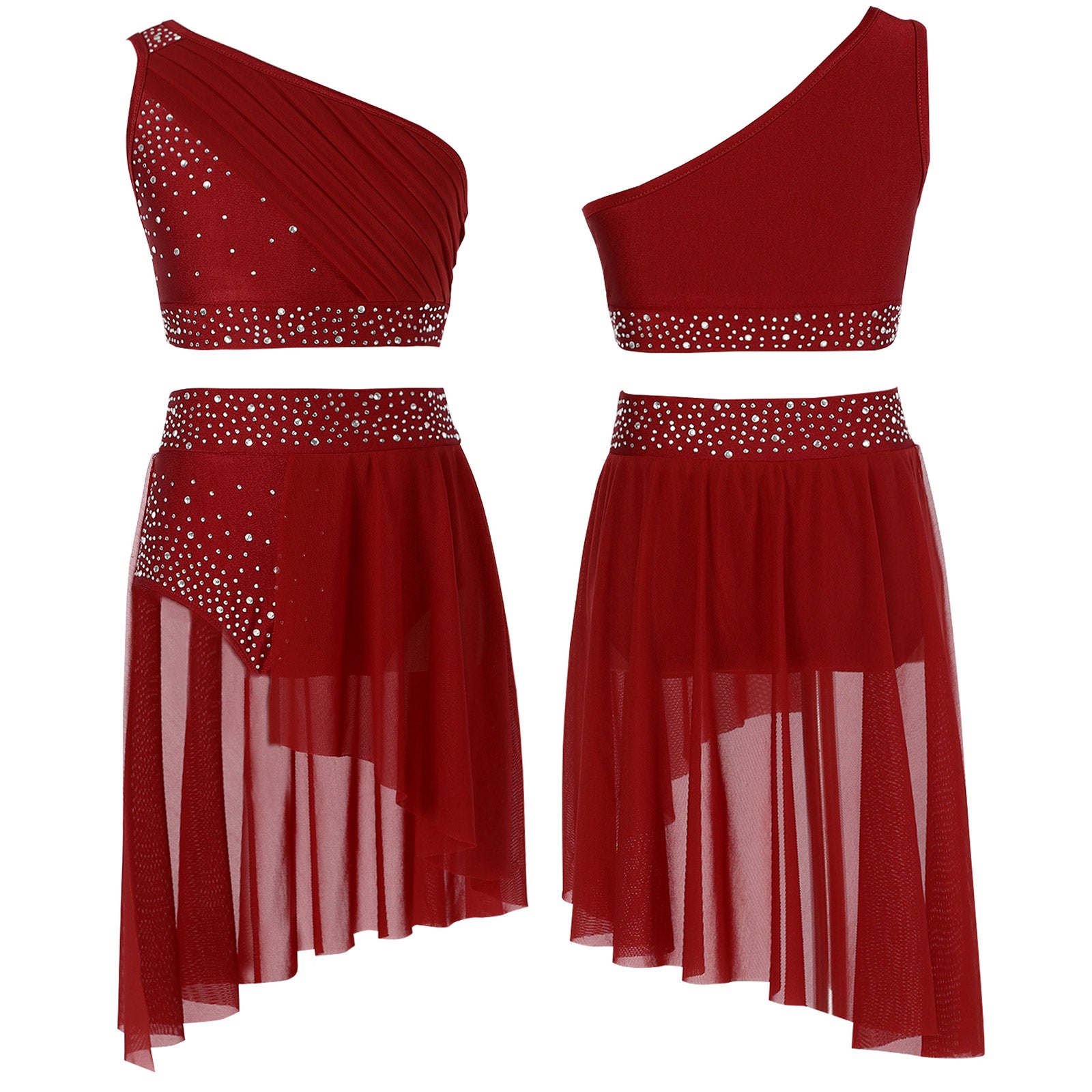 Girls Lyrical Dance Outfit Shiny One Shoulder Crop Top with Skirt for Jazz Skating Ballet Gymnastics Acrobatics Performance