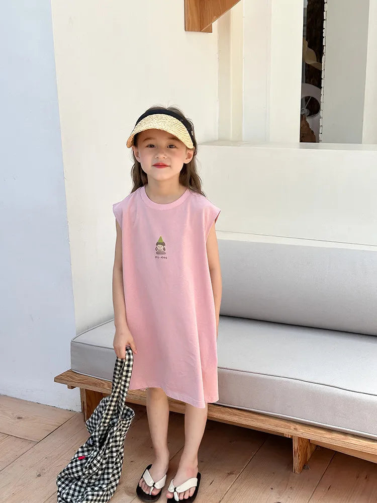 Girls Vest Skirt Children's Summer Loose Casual Dress Baby Cotton Sleeveless Dress 1-12T