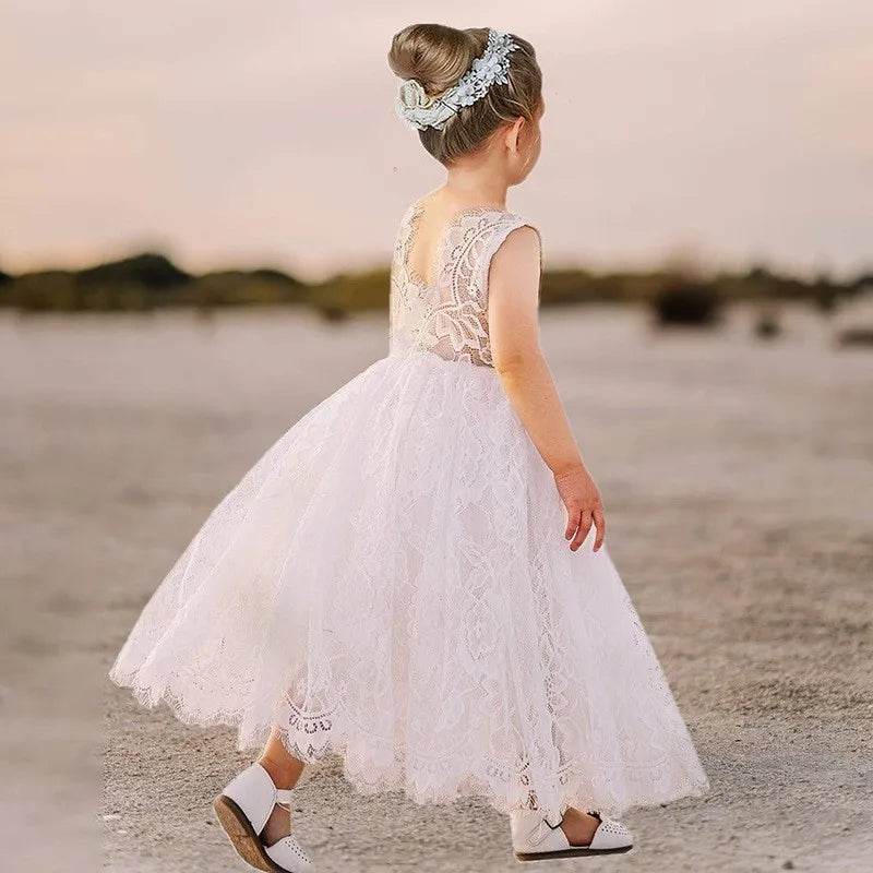 Girls Fashion Open Back Princess Dress 3-12 Years Old New Mesh Lace Long Dress Birthday Wedding Flower Girl Performance Clothing