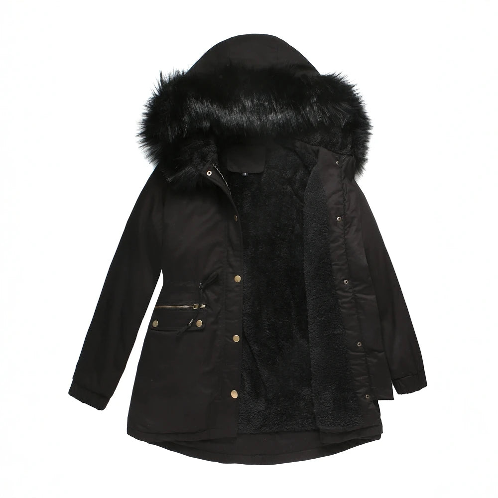 Women's Coats 2025 Autumn Winter Jacket Elegant Fashion Long Hooded Fur Collar Pockets Zipper Button Snow Wear Padded Parka