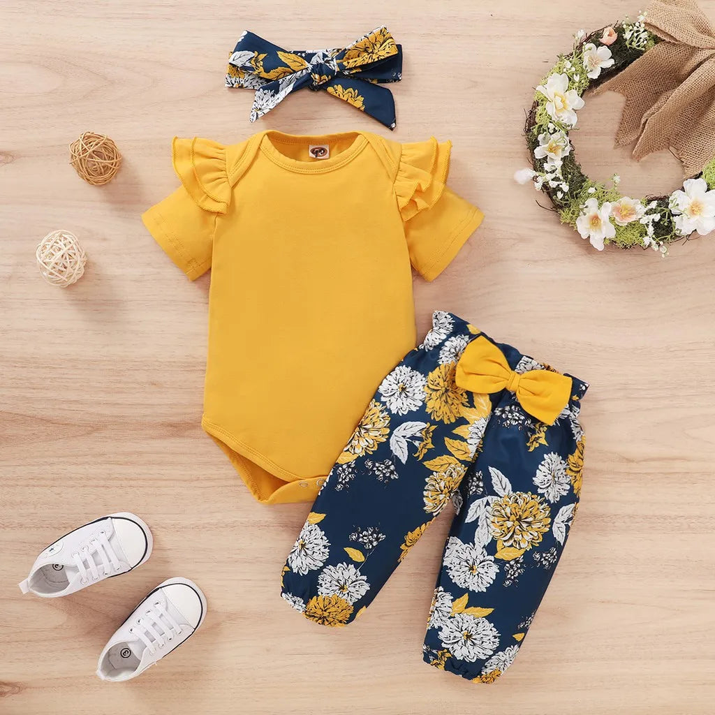 Newborn Baby Girls Clothing Set Infants Baby Girl Short Sleeve Bodysuit + Floral Pants with Bow + Headband 3PCS Outfit