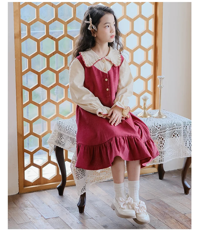 Girls Dress 2023 Winter Korean Style Children's Clothing Girls Fake Two-Piece Lapel Forest Fishtail Skirt Corduroy Princess Dress