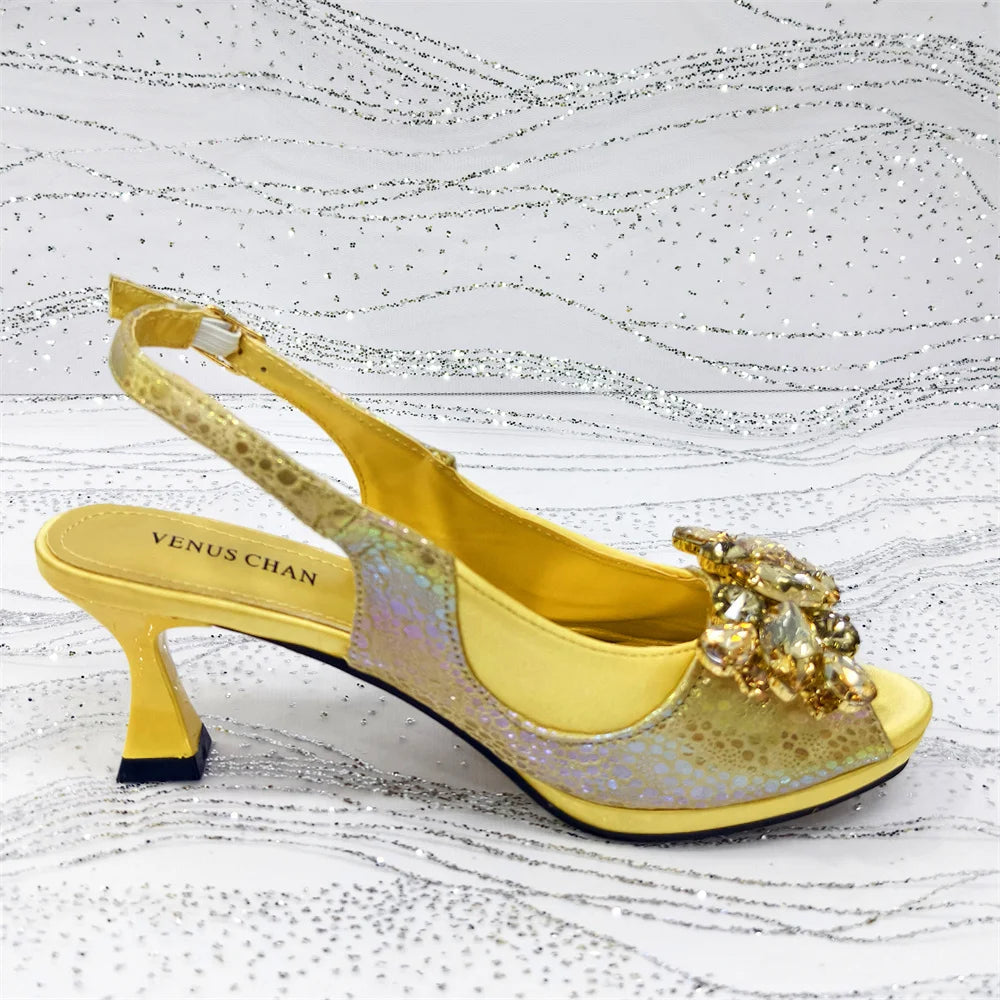 2025 New Rhinestone Design African Shoes & Bag Set in Green – Open Toe Comfortable Women's Heels - Hot Sale on Instagram