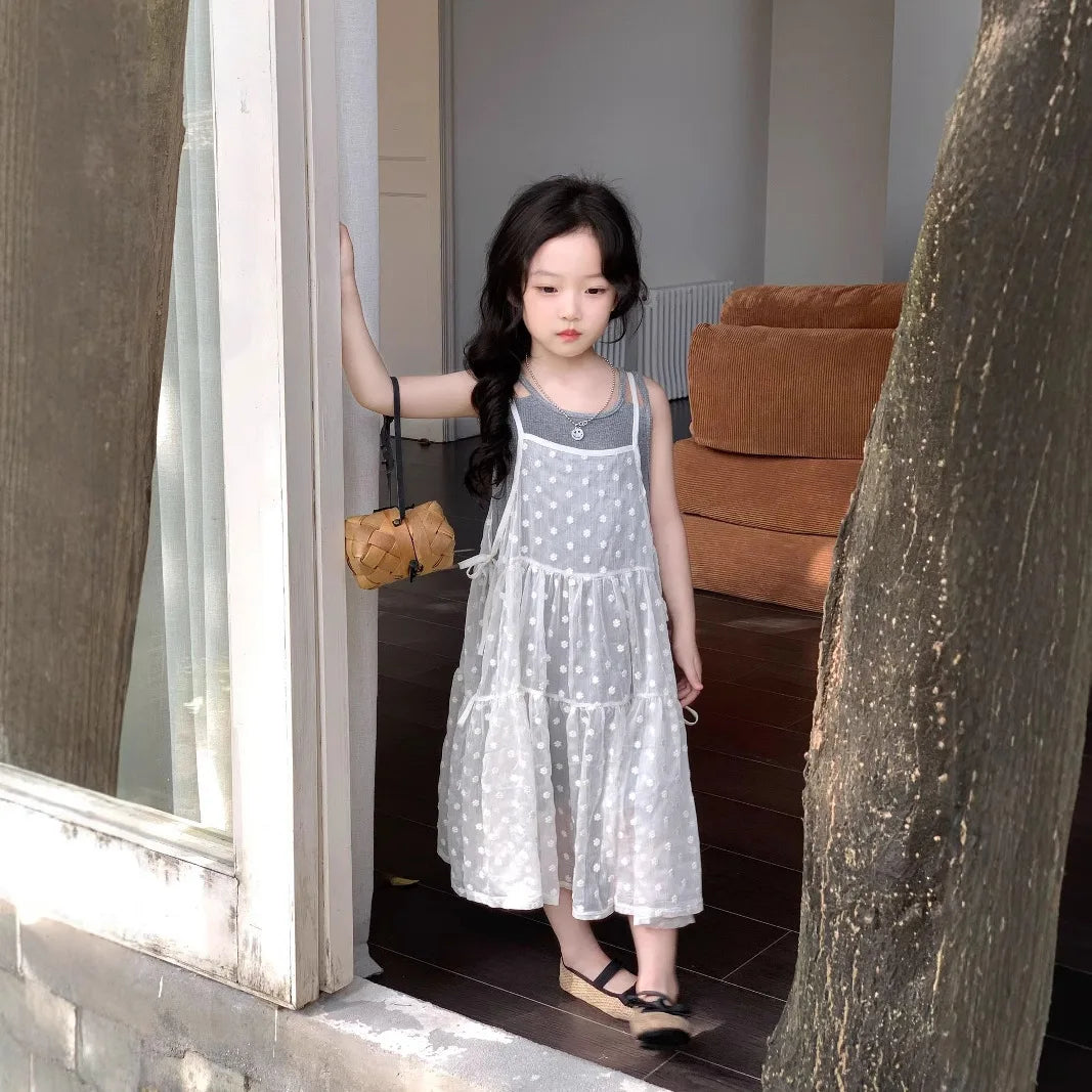 Girls Summer 2025 New Korean Sweet Clothing Suit Children's Vest Skirt Lace Embroidered Skirt Baby Casual  Fashion