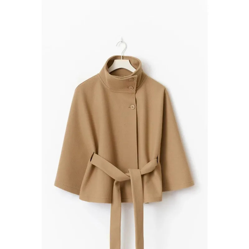 Womens Short Cape Coats For Women Belt Blends Coats Autumn Winter Solid Coats Elegant Cloak Jacket Ladies 2025