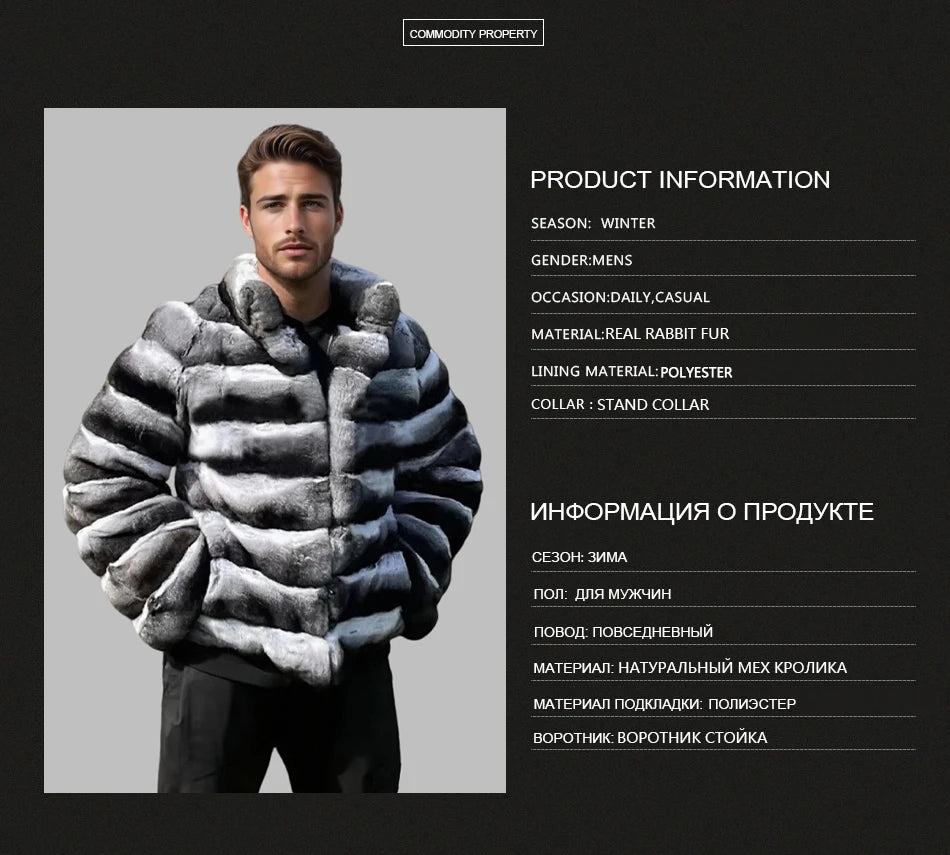 Mens Winter Rex Rabbit Fur Coats Real Fur Jackets Mens Luxury Coats Chinchilla Fashion Fur Jacket Men