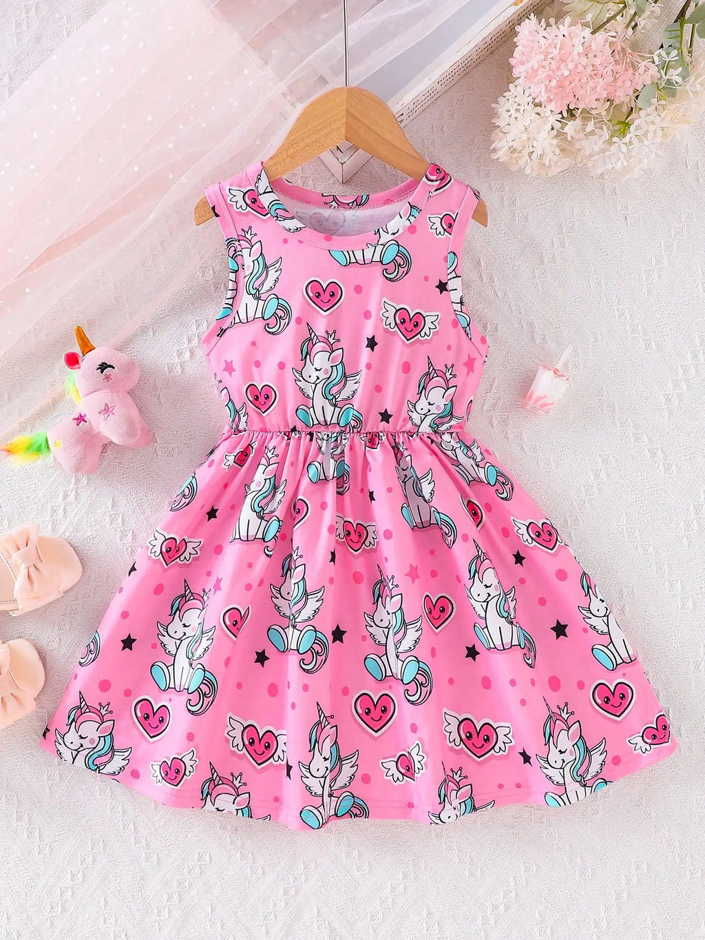 Girls' Elegant Polyester Knit Dress with Cartoon Digital Print