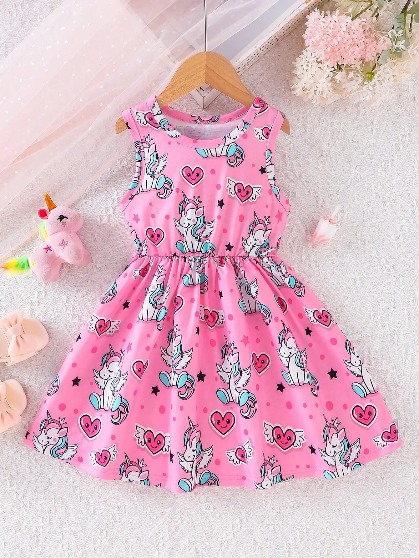 Girls' Elegant Polyester Knit Dress with Cartoon Digital Print
