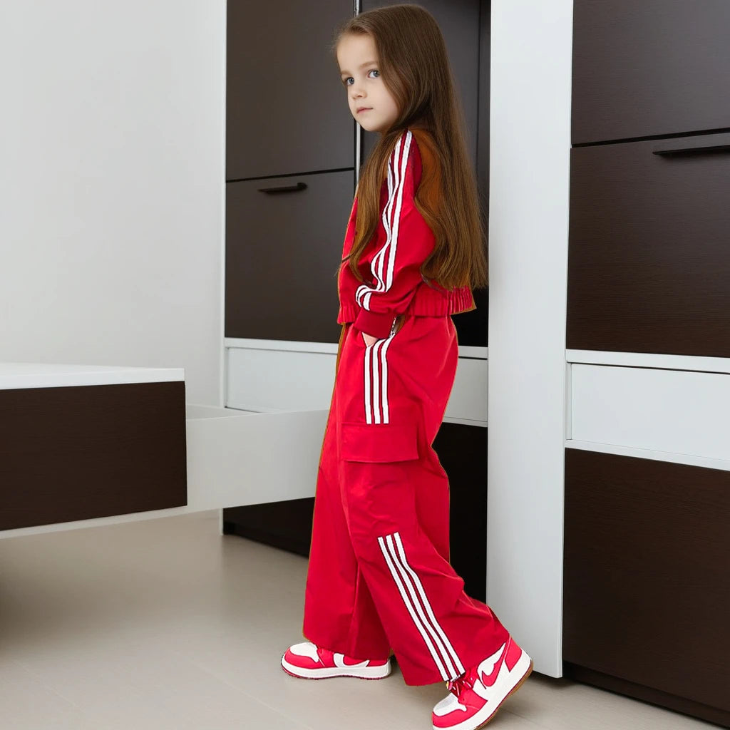 2025 New Girls Outfit Spring/fall Casual Striped Short Jacket  Wide Leg Pants 2-Pieces Fashion School Kids Sporty Tracksuit Set