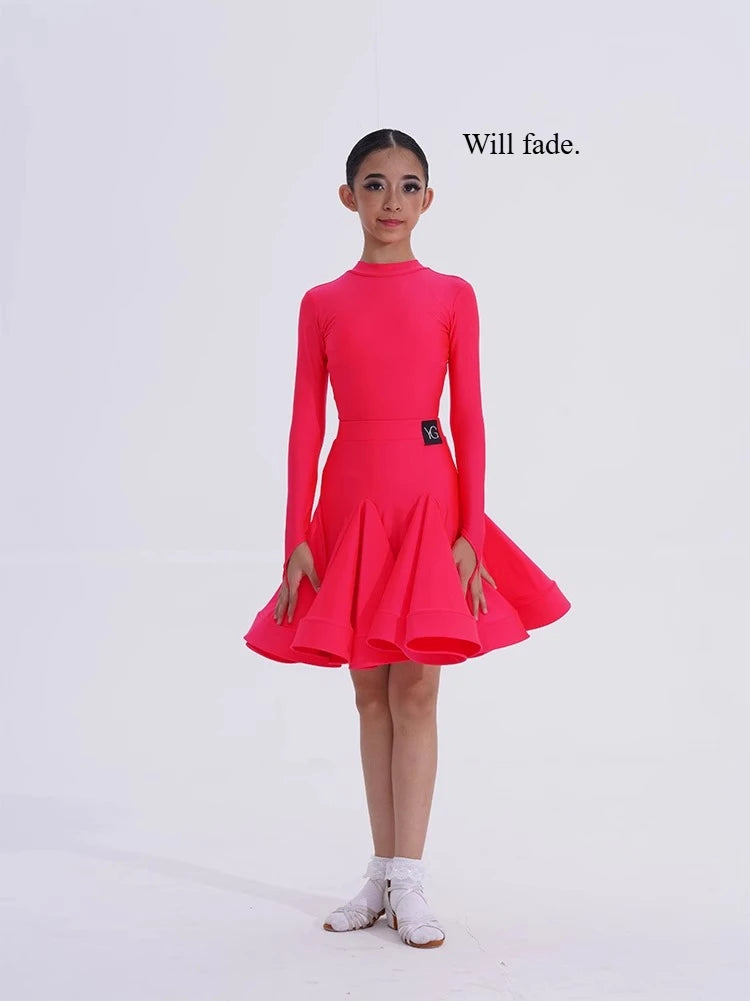Girls Latin Dance Competition Clothing Glossy Fabric Long Sleeves Dance Dress Kids Cha Rumba Dance Practice Training Wear