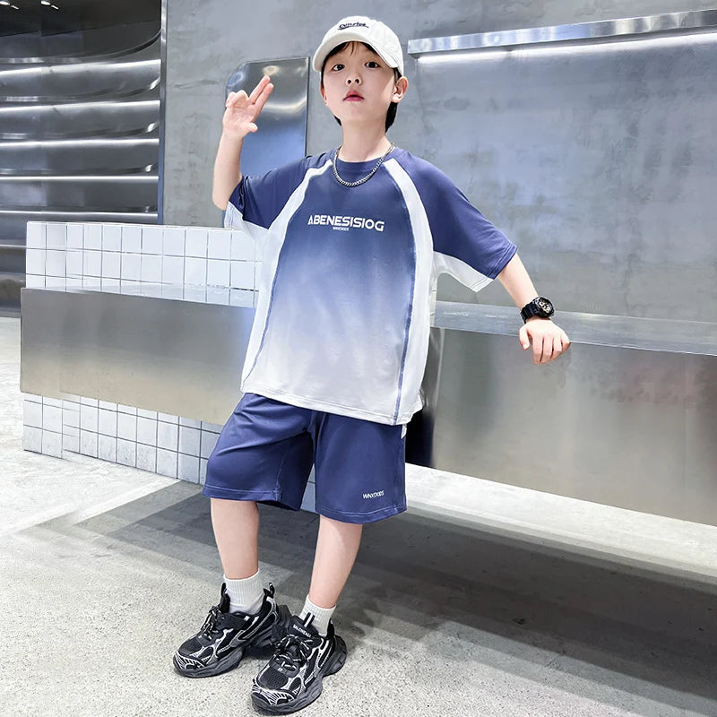 Boys 2PC/Sets For Age 5-14 Years Old Teen Child Clothing Suit New Kids Summer Short Sleeve T-Shirt + Shorts Casual Boys Outfits