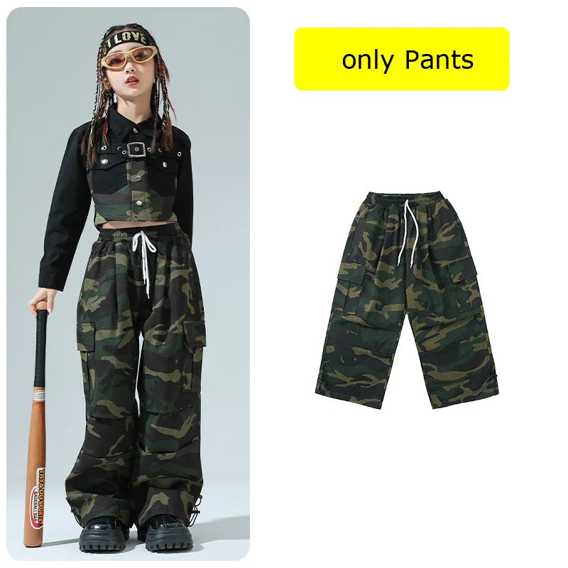Girls Hip Hop Clothing Green Crop Top Camouflage Casual Wide Pockets Cargo Pants for Kids Jazz Dance Costume Clothes