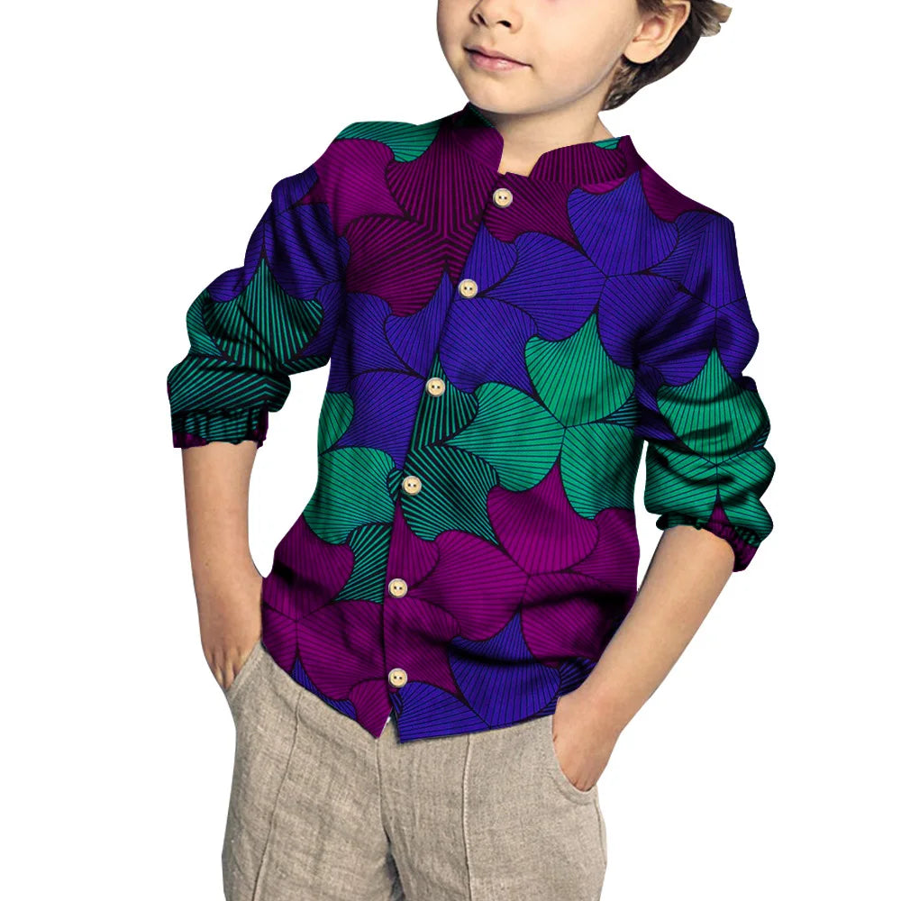 Kids Clothing Kids Boys African Fashion New Boy's Tops Bazin Riche African Wax Print Patchwork Cotton Shirt for Boys