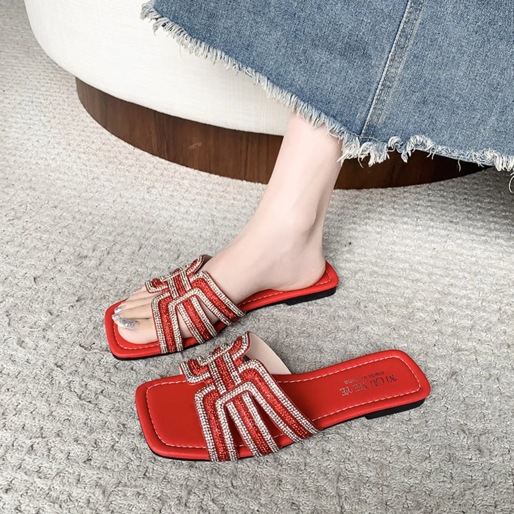 Women Rhinestone Slippers Summer Outdoor Slippers Fashion Non-Slip Beach Shoes Comfortable Flat Square Heel Sandals Slides Women