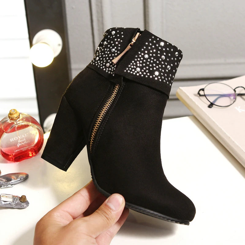 Rhinestone Crystal Sparkle Red Navy Blue Ankle Boots for Women Big Size 46 47 Zipper Chunky High Heels Bling Winter Warm Shoes