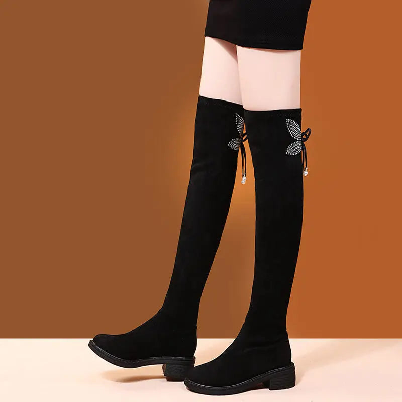 Women's Boots Rhinestone Shoes for Woman Thigh High Footwear Above Over The Knee Middle Heel with Laces Lace-up Quality New In