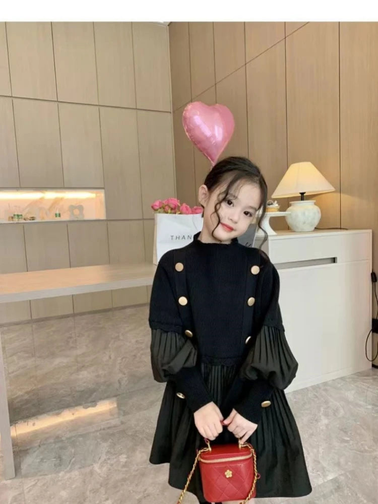 2025 Spring and Autumn New Girls' Dress Children's Clothing Black Design Sense Spliced Knitted Pleated Skirt