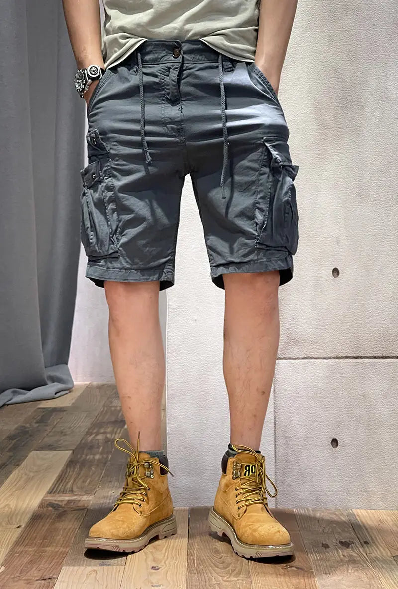 Half Men's Cargo Shorts Solid With Draw String Khaki Male Bermuda Short Pants Summer Korean Style Baggy Elastic Waist Homme Y2k