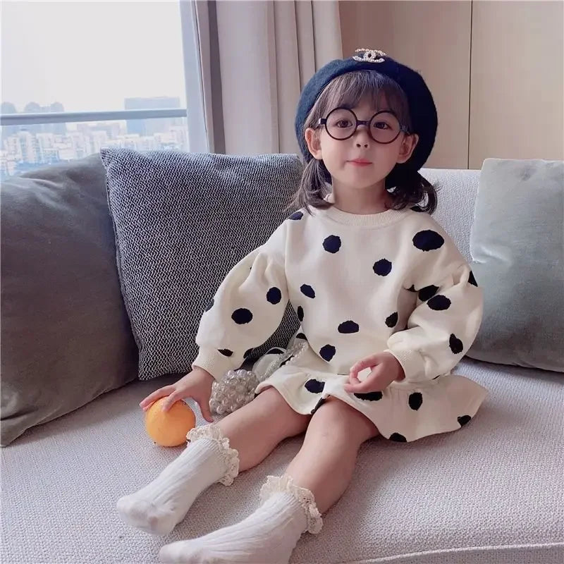 Girls Dress Autumn Spring New Girls' Splicing Pleated Dress Polka Dot Printed Baby Kids Casual Clothing