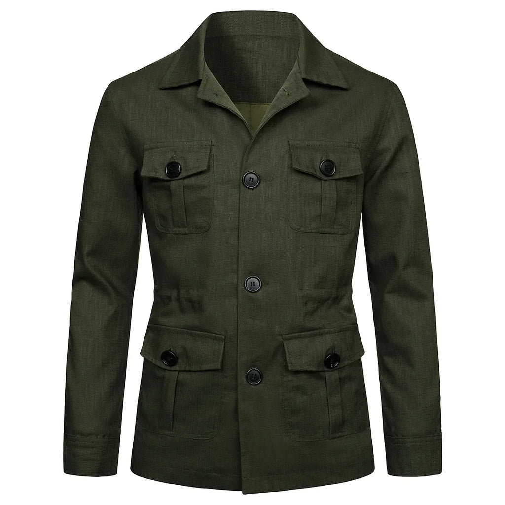 Mens Coats Safari Jacket Linen British Retro Gentry Suit Pockets Outerwear Fashion Solid Color Male Tops